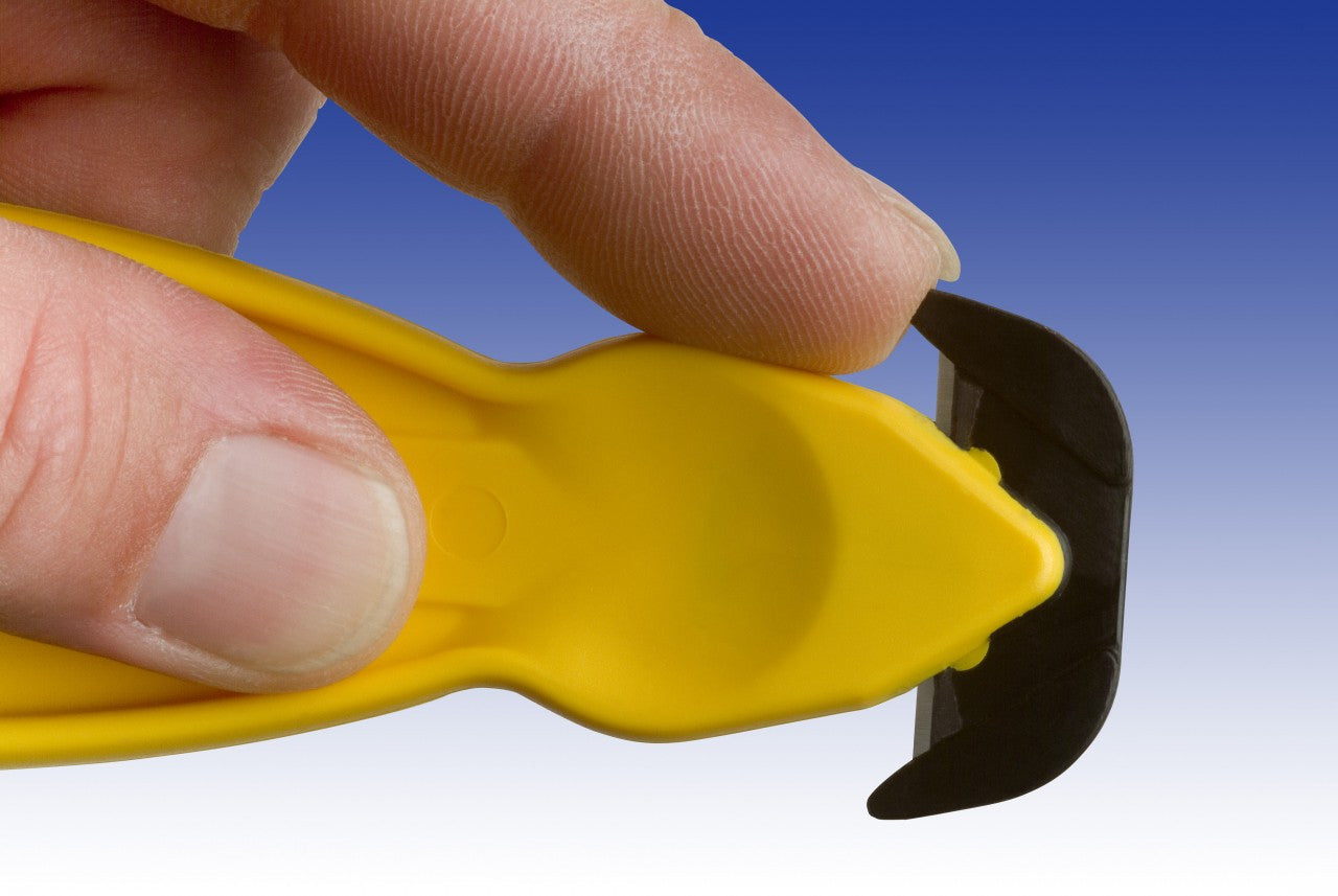 Klever Koncept Safety Cutter, safety cutter, Klever Koncept Safety Cutter, warehouse cutter, ergonomic cutter, industrial safety knife, shrink wrap cutter, plastic strap cutter, workplace safety tools, box opener, safety utility knife, Canada, USA, heavy-duty cutter, packaging cutter, industrial cutter, warehouse tools