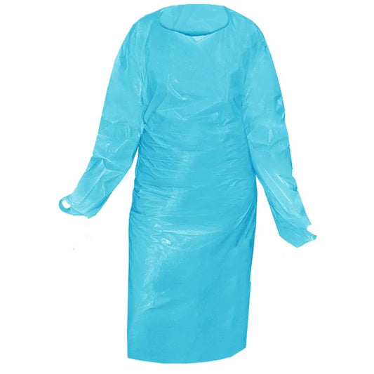 Cast Polyethylene (CPE) Gown with Thumbholes- 50 Pack, CPE disposable gown, waterproof polyethylene gown, fluid-resistant medical gown, protective isolation gown, thumbhole gown for healthcare, disposable lab gown, single-use food processing gown, industrial safety gown, hospital isolation gown, plastic protective gown Canada, infection control gown USA, bulk disposable gowns