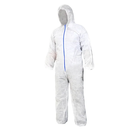 Disposable Coverall-Hooded, disposable coverall, hooded coverall, protective coverall, non-woven coverall, full-body protection suit, fluid-resistant coverall, safety workwear, cleanroom coverall, industrial protective suit