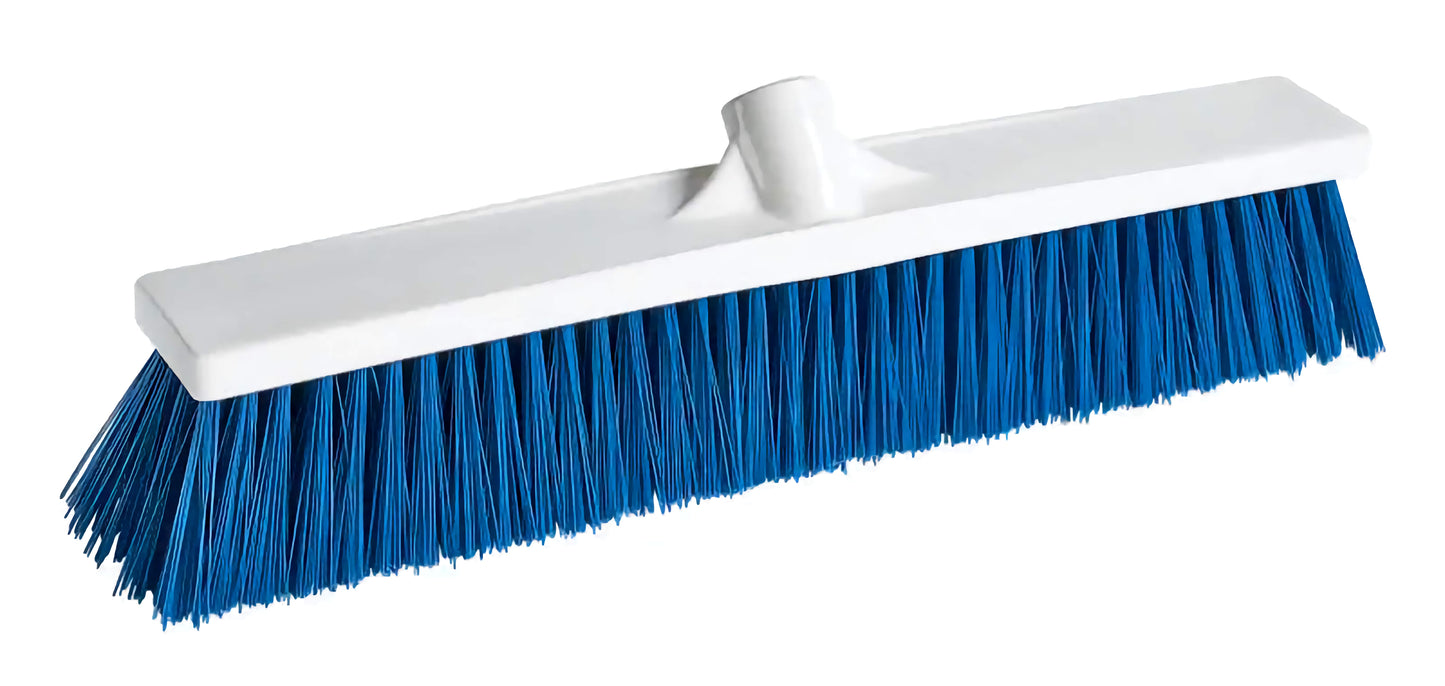 Food Service Push Broom Blue, Food Service Push Broom, food service push broom, multi-color bristle broom, restaurant floor broom, heavy-duty kitchen broom, food industry cleaning tools, commercial push broom, sanitary push broom, industrial food service broom, Canada & USA janitorial supplies, color-coded cleaning broom