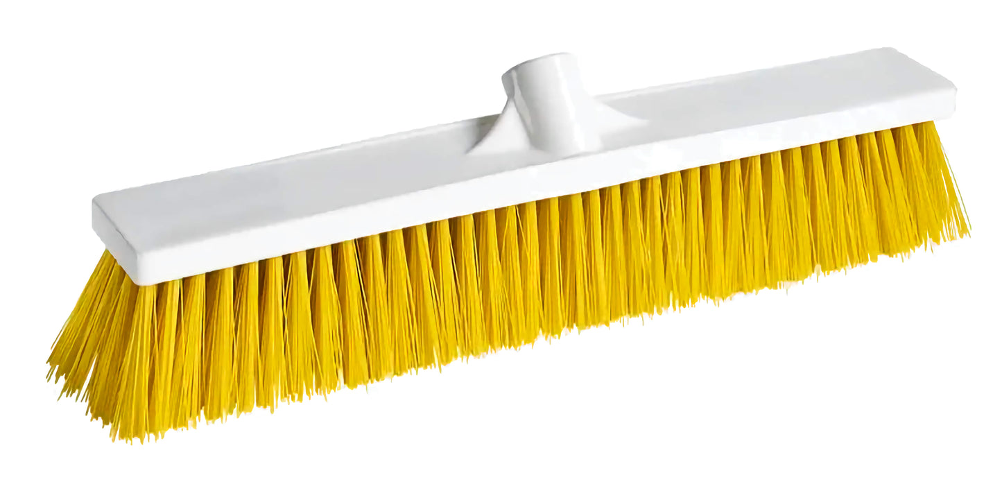 Food Service Push Broom Yellow, food service push broom, multi-color bristle broom, restaurant floor broom, heavy-duty kitchen broom, food industry cleaning tools, commercial push broom, sanitary push broom, industrial food service broom, Canada & USA janitorial supplies, color-coded cleaning broom