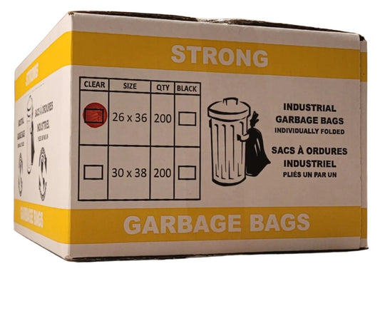 Garage bags- Clear, clear garbage bags, strong trash bags, transparent waste bags, 26x36 garbage bags, commercial trash bags, industrial waste bags, leak-resistant garbage bags, heavy-duty clear trash bags
