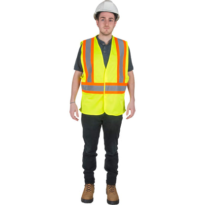 Hi_Vis_Safety_Vest_Yellow, Hi Vis Safety vest, hi-vis vest, high visibility safety vest, construction work vest, reflective work vest, industrial safety gear, warehouse safety vest, ANSI safety vest, durable work vest, workplace safety apparel, hi-vis vest Canada USA
