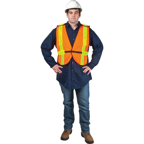 high visibility safety vest, orange polyester vest, industrial work vest, construction safety vest, warehouse safety gear, reflective workwear, traffic control vest, safety apparel Canada USA, ANSI compliant safety vest, durable work vest