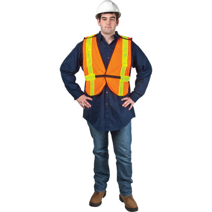 high visibility safety vest, orange polyester vest, industrial work vest, construction safety vest, warehouse safety gear, reflective workwear, traffic control vest, safety apparel Canada USA, ANSI compliant safety vest, durable work vest