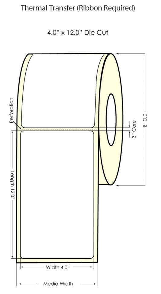 Thermal_trasnfer_lable_4x12_Ribbon_required, thermal transfer labels, 4x12 shipping labels, barcode labels, industrial label roll, warehouse labeling, logistics labels, paper labels for thermal transfer printers, high-quality adhesive labels, thermal transfer labels Canada USA