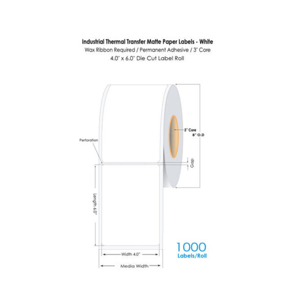 Thermal Transfer 4" x 6" Paper Labels – 1000/Roll, 3" Core, 8" OD