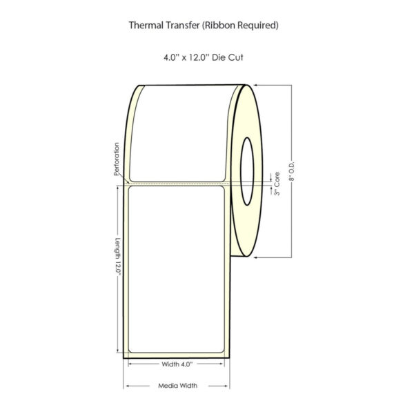 Thermal Transfer 4" x 12" Labels – 500/Roll, 3" Core, 8" OD
