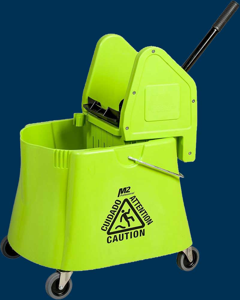 Mop bucket with sturdy wheels and wringer.